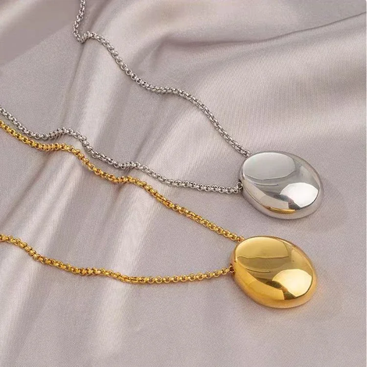 Oval Dome Pendant Bead Chain Stainless Steel Necklace