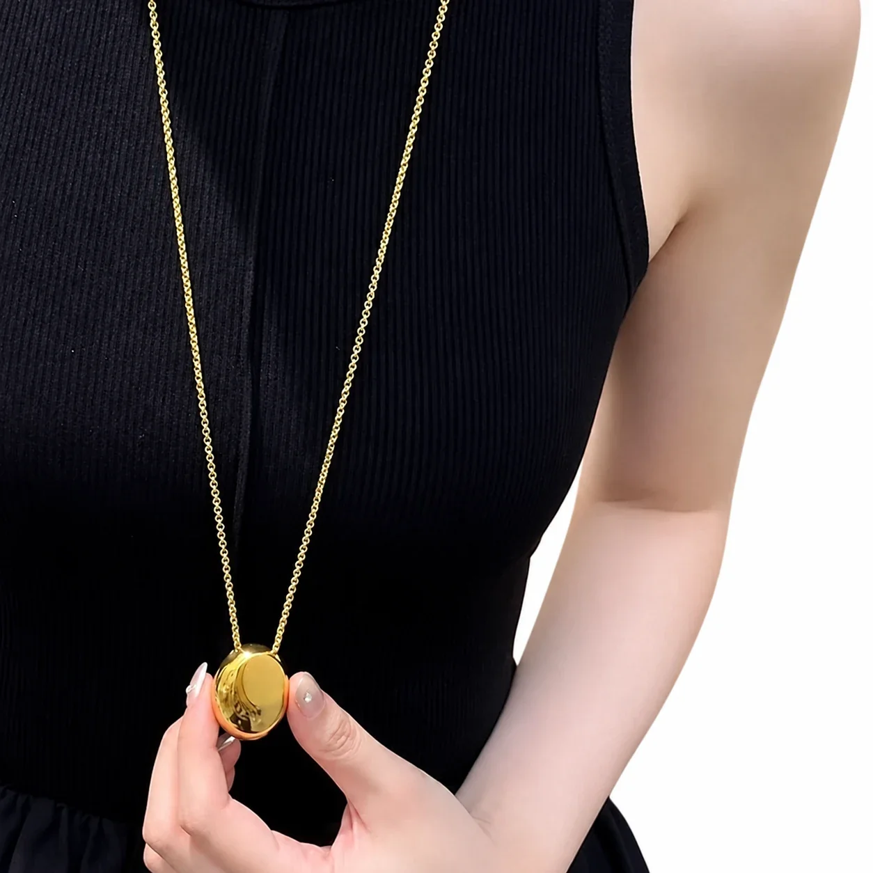 Oval Dome Pendant Bead Chain Stainless Steel Necklace - Gold