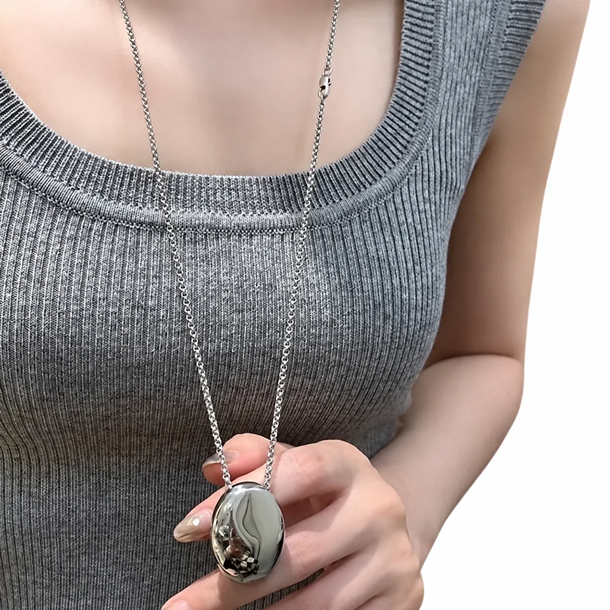 Oval Dome Pendant Bead Chain Stainless Steel Necklace - Silver