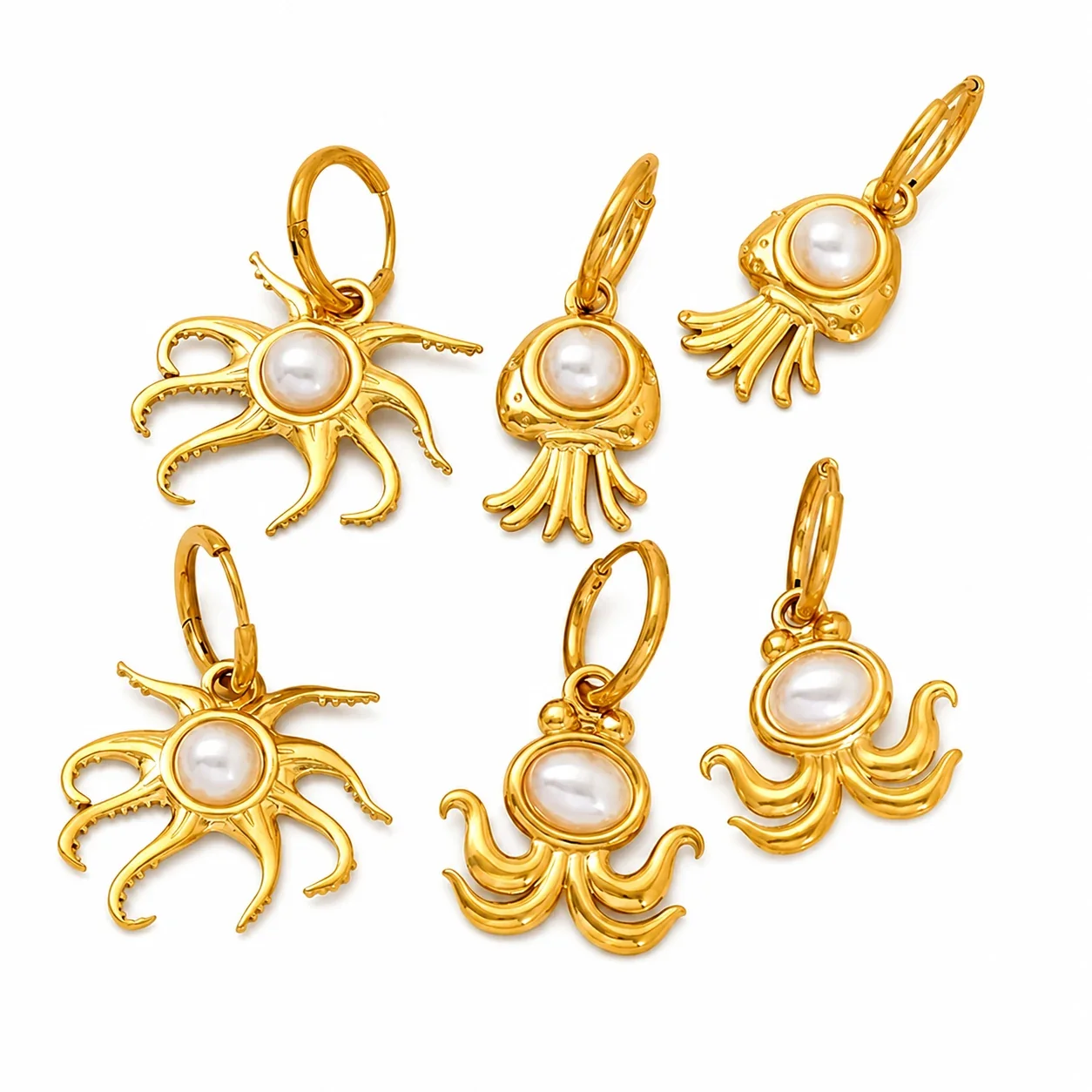 Playful 18K Gold-Plated Octopus Pearl-effect-Effect Huggie Earrings