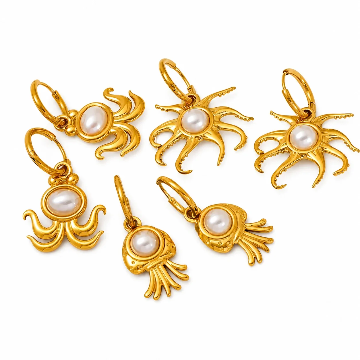 Playful 18K Gold-Plated Octopus Pearl-effect-Effect Huggie Earrings