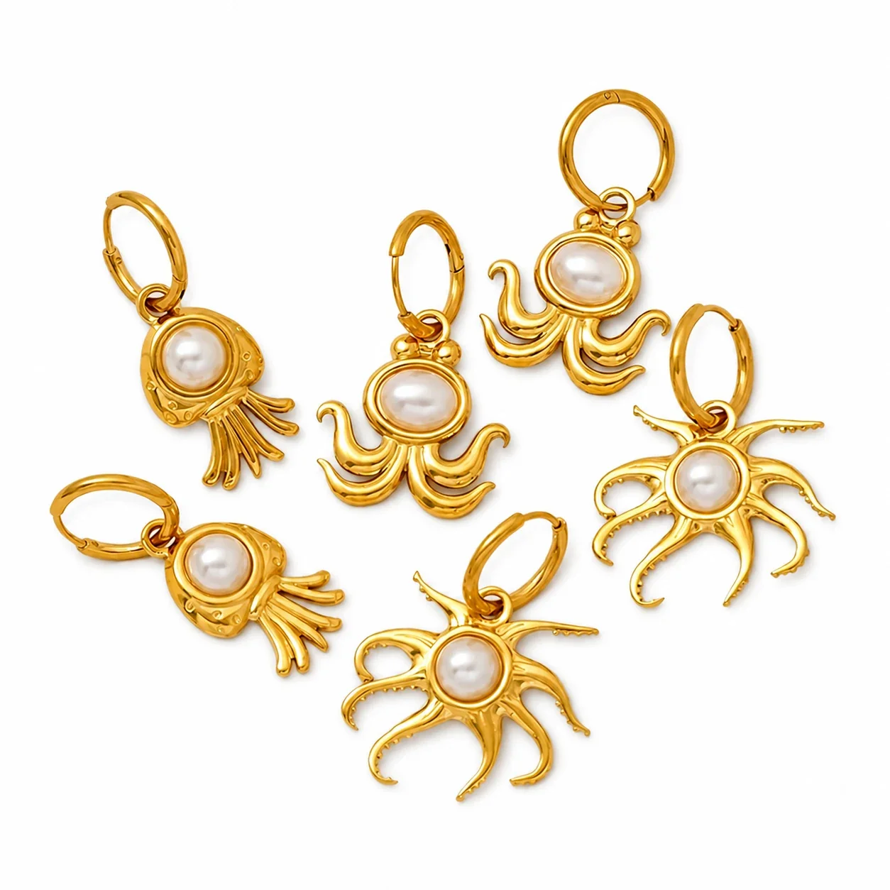 Playful 18K Gold-Plated Octopus Pearl-effect-Effect Huggie Earrings