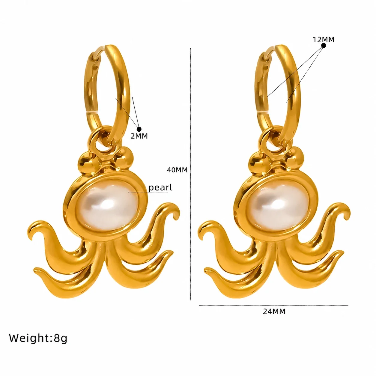 Playful 18K Gold-Plated Octopus Pearl-effect-Effect Huggie Earrings
