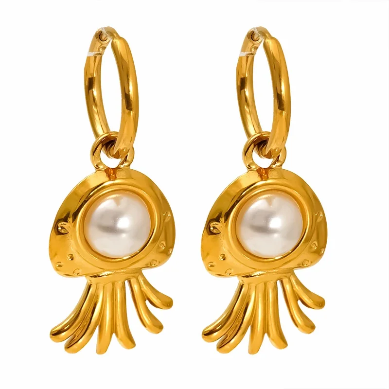 Playful 18K Gold-Plated Octopus Pearl-effect-Effect Huggie Earrings