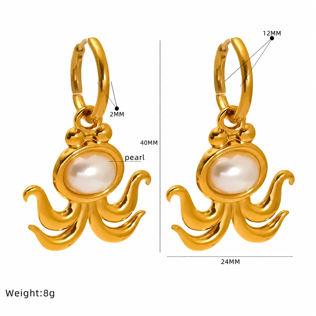 Playful 18K Gold-Plated Octopus Pearl-effect-Effect Huggie Earrings - Gold Octopus