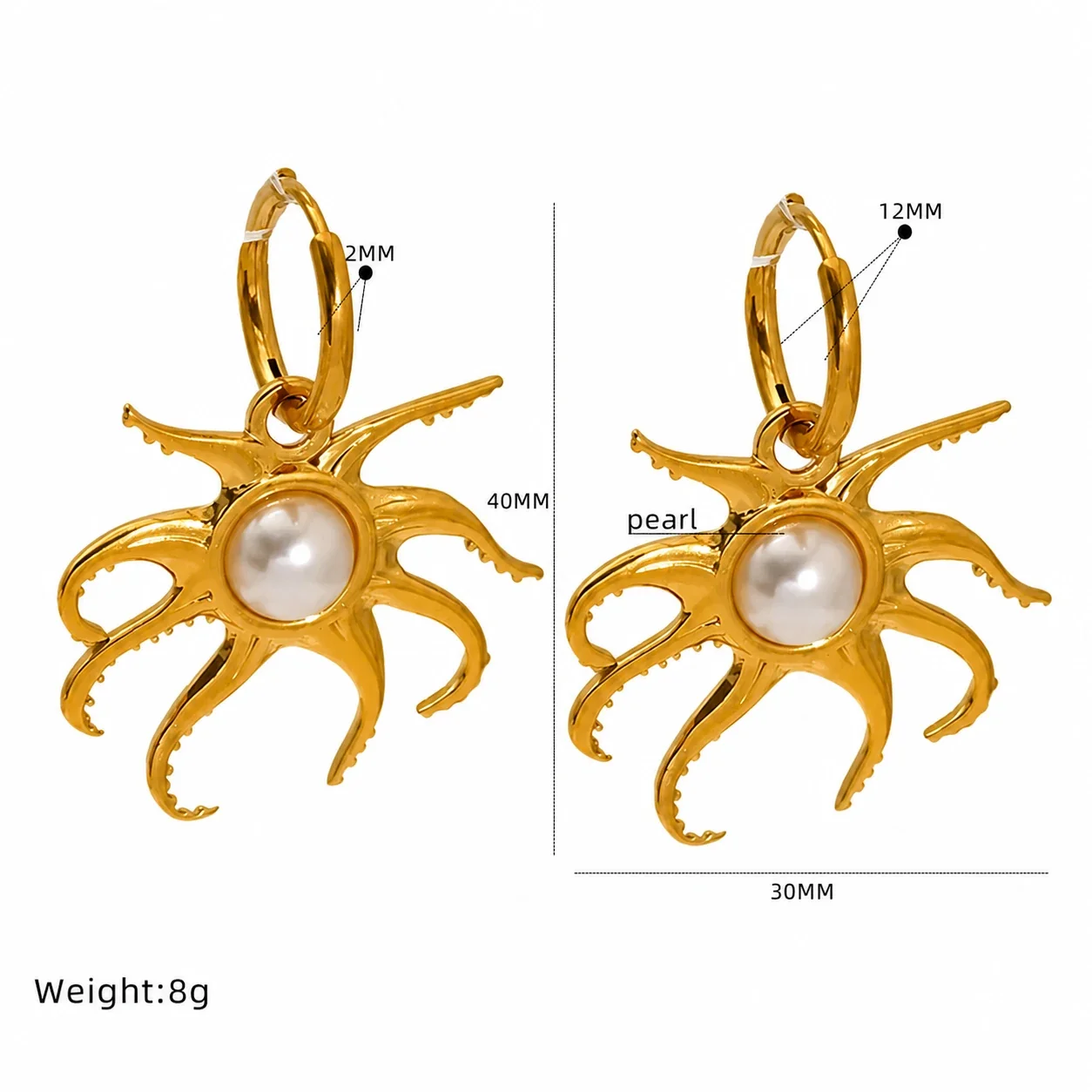 Playful 18K Gold-Plated Octopus Pearl-effect-Effect Huggie Earrings - Gold Tentacle