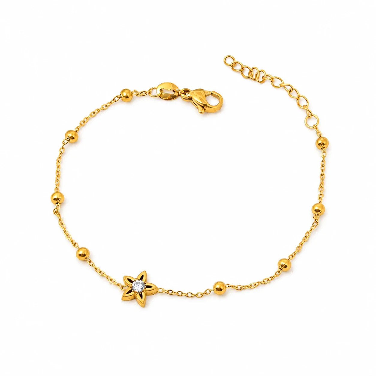 Chain Bracelet Bead Stations Star CZ 316 Stainless Steel Gold PVD