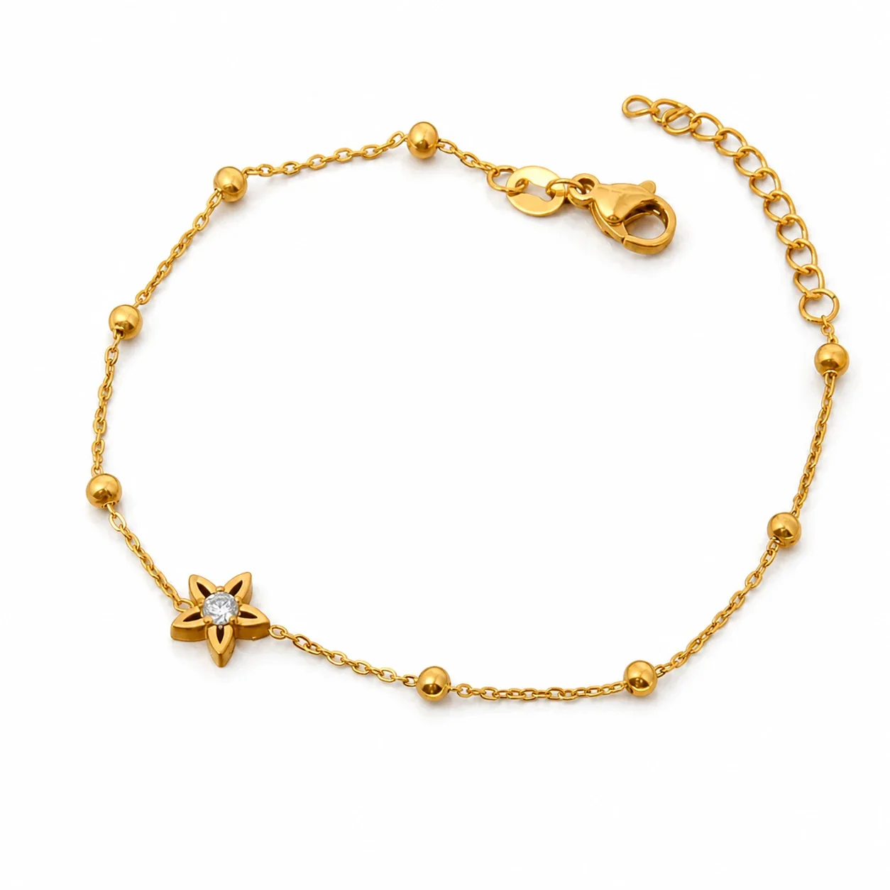 Chain Bracelet Bead Stations Star CZ 316 Stainless Steel Gold PVD