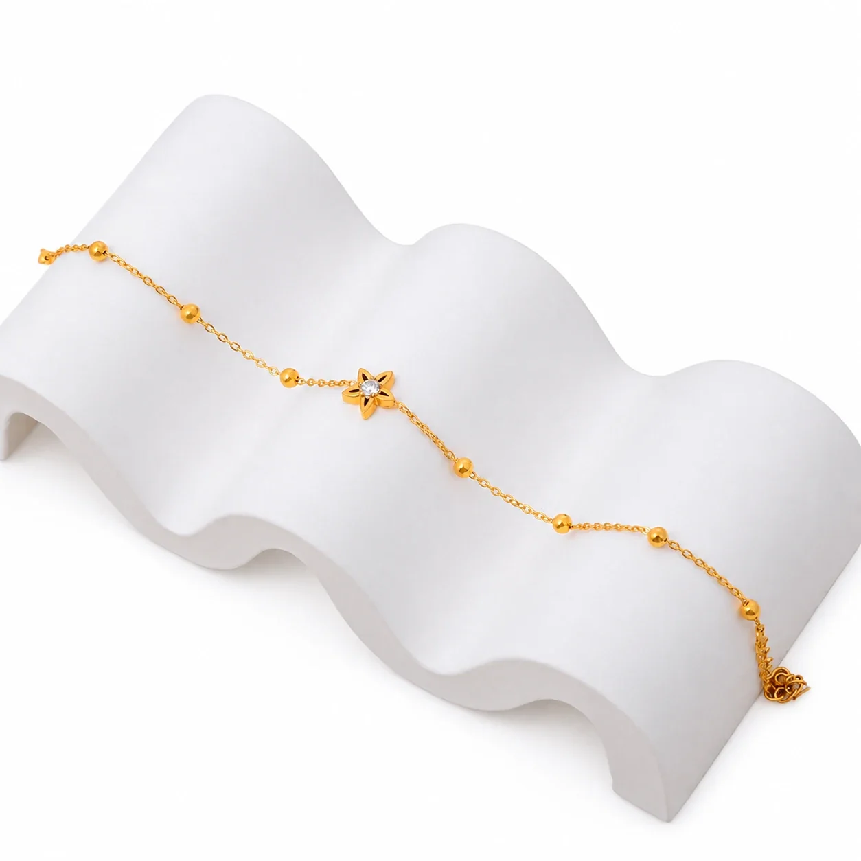 Chain Bracelet Bead Stations Star CZ 316 Stainless Steel Gold PVD