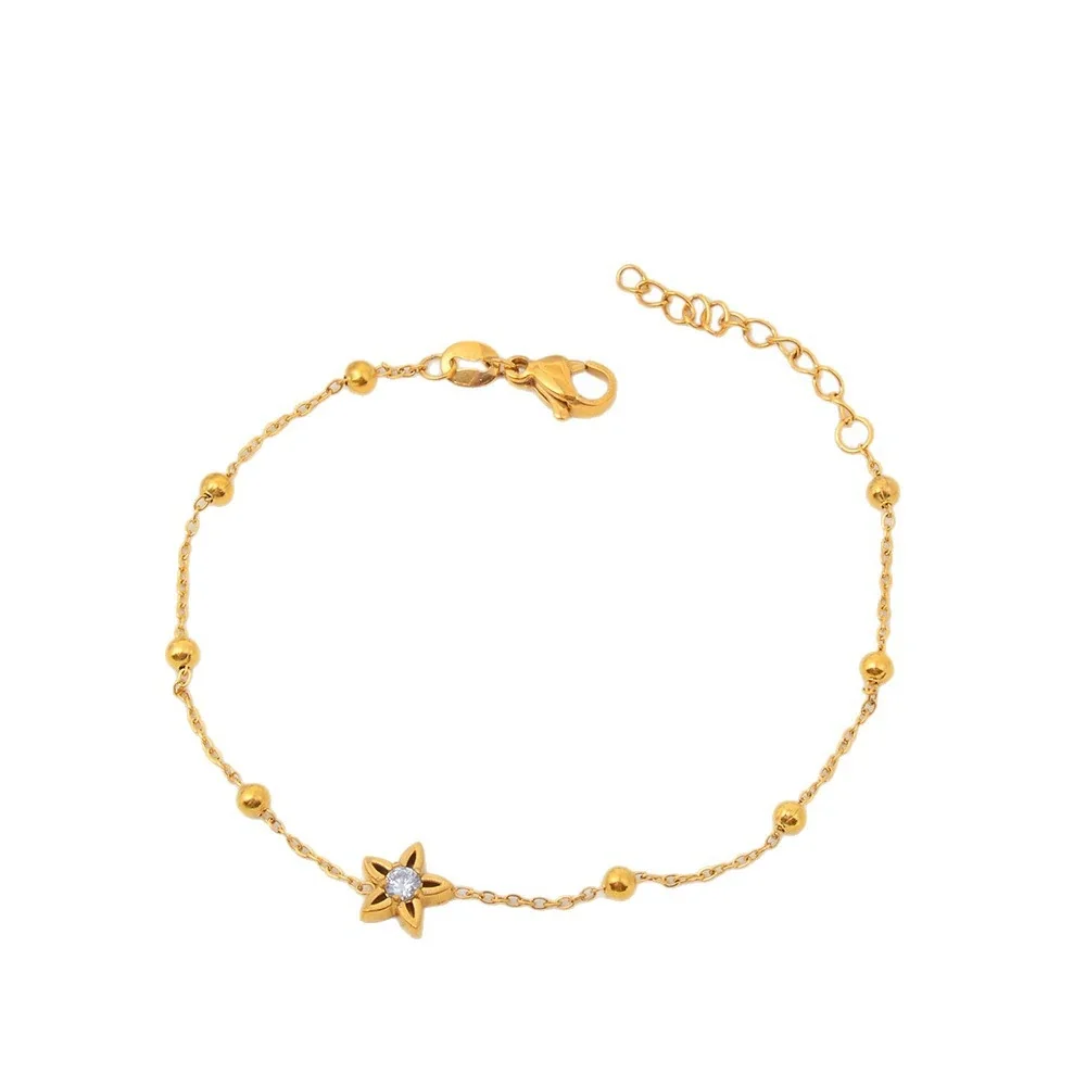 Chain Bracelet Bead Stations Star CZ 316 Stainless Steel Gold PVD
