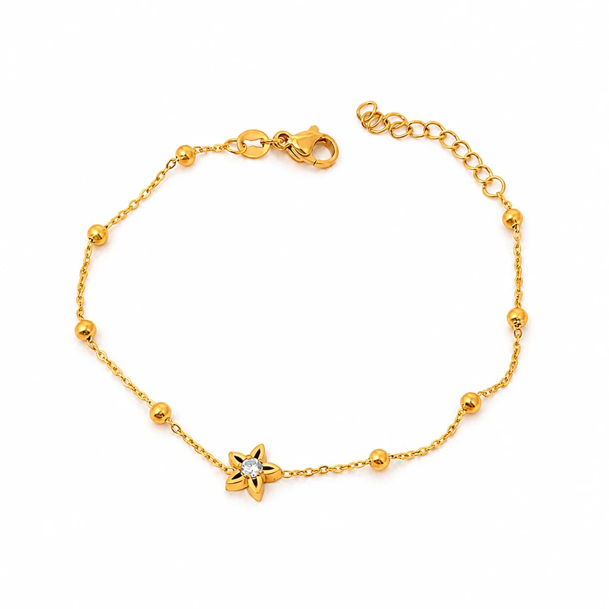 Chain Bracelet Bead Stations Star CZ 316 Stainless Steel Gold PVD - Gold