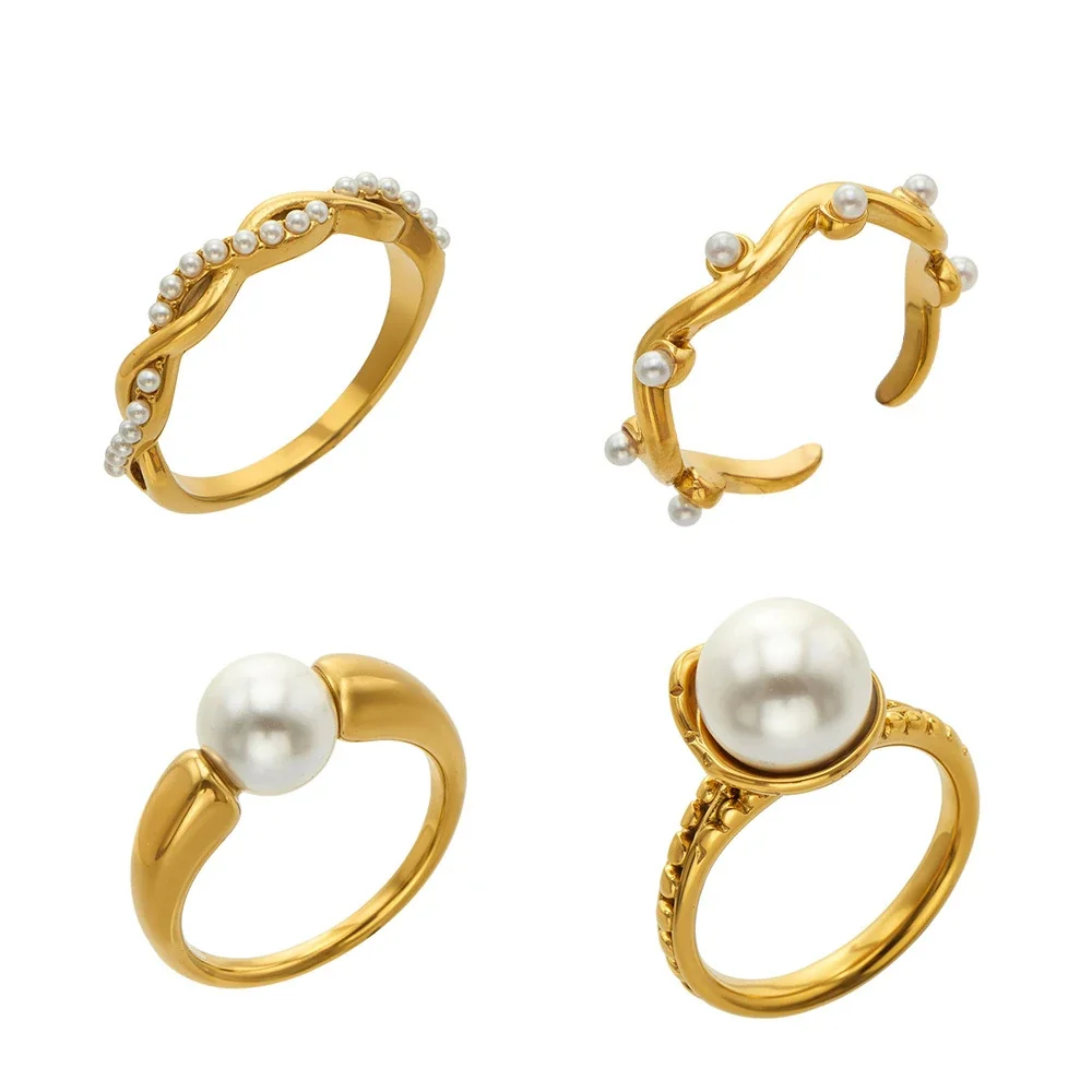 Sculptural Gold PVD 316L Stainless Steel Faux Pearl Wavy Stacking Ring