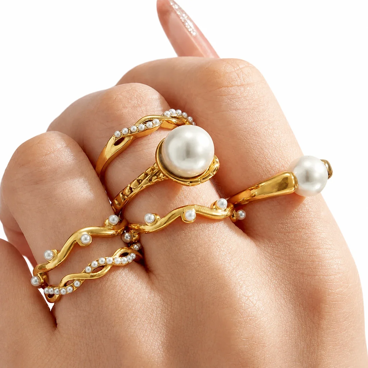 Sculptural Gold-Plated 316L Faux Pearl Wavy Stacking Ring