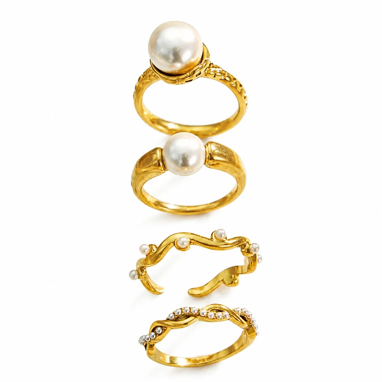 Sculptural Gold-Plated 316L Faux Pearl Wavy Stacking Ring