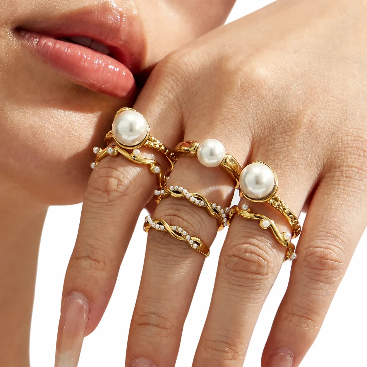 Sculptural Gold-Plated 316L Faux Pearl Wavy Stacking Ring