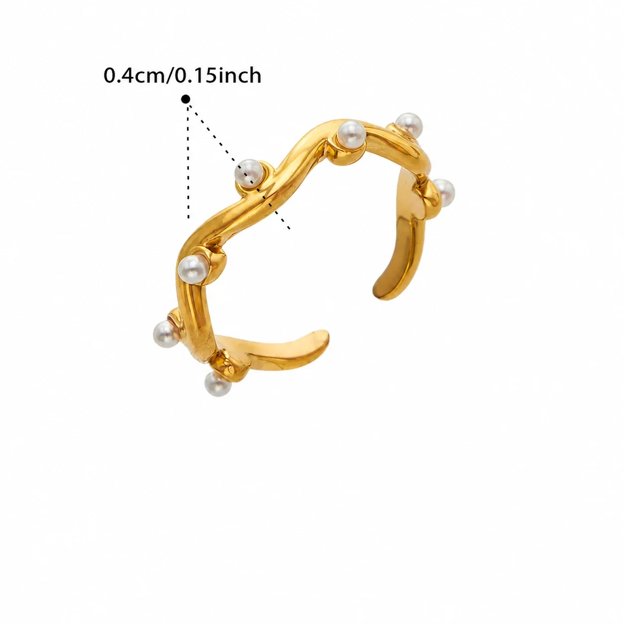 Sculptural Gold-Plated 316L Faux Pearl Wavy Stacking Ring - Gold Faux Pearl Open