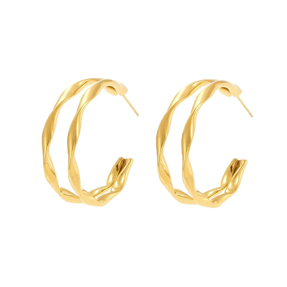 Sculptural Gold-Plated Twisted Double Hoop Earrings