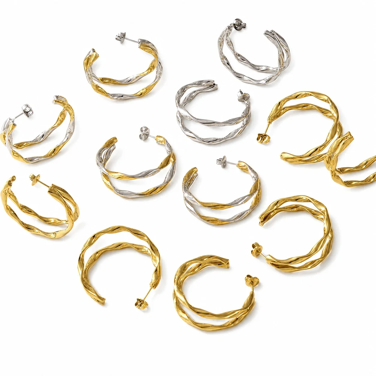 Sculptural Gold-Plated Twisted Double Hoop Earrings
