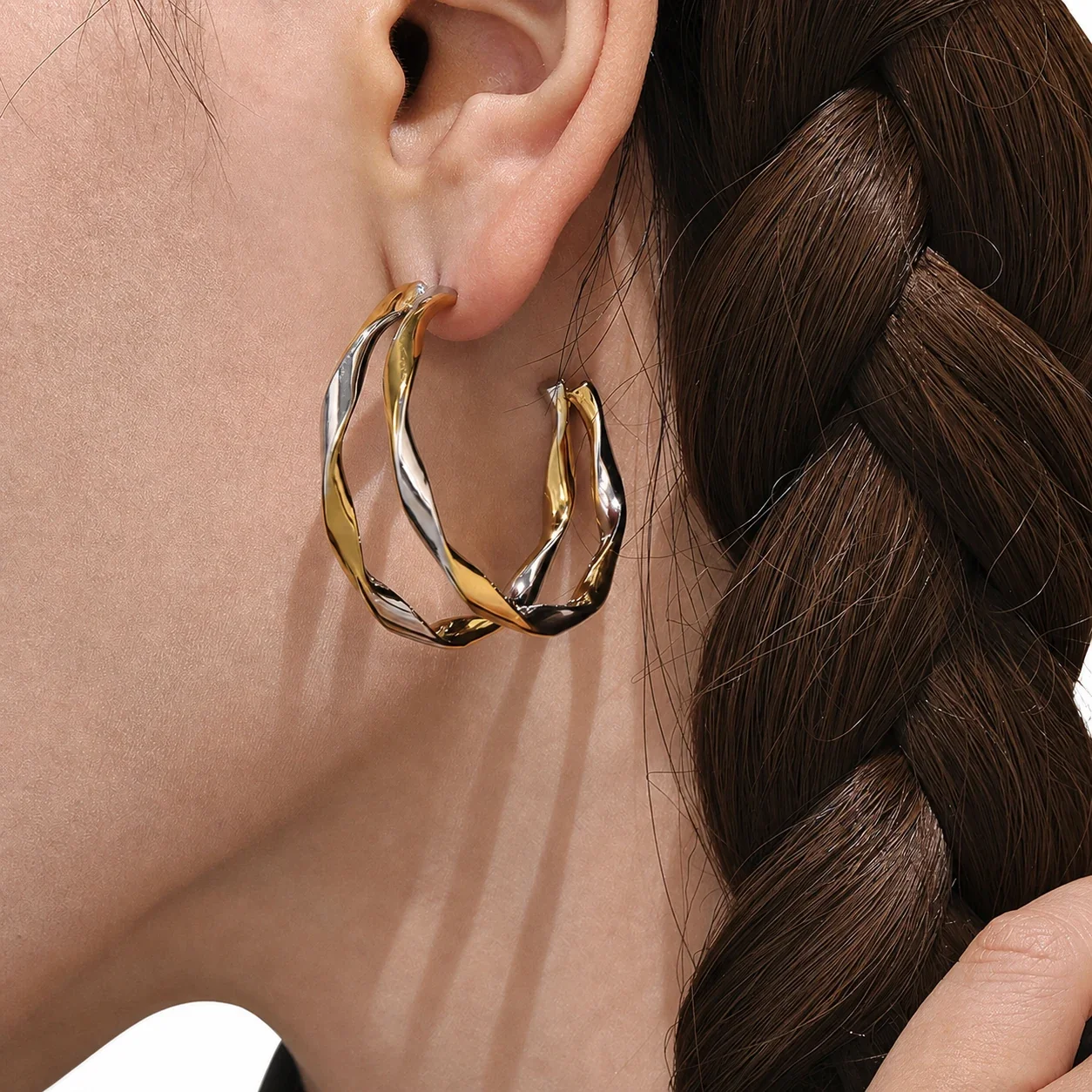 Sculptural Gold-Plated Twisted Double Hoop Earrings