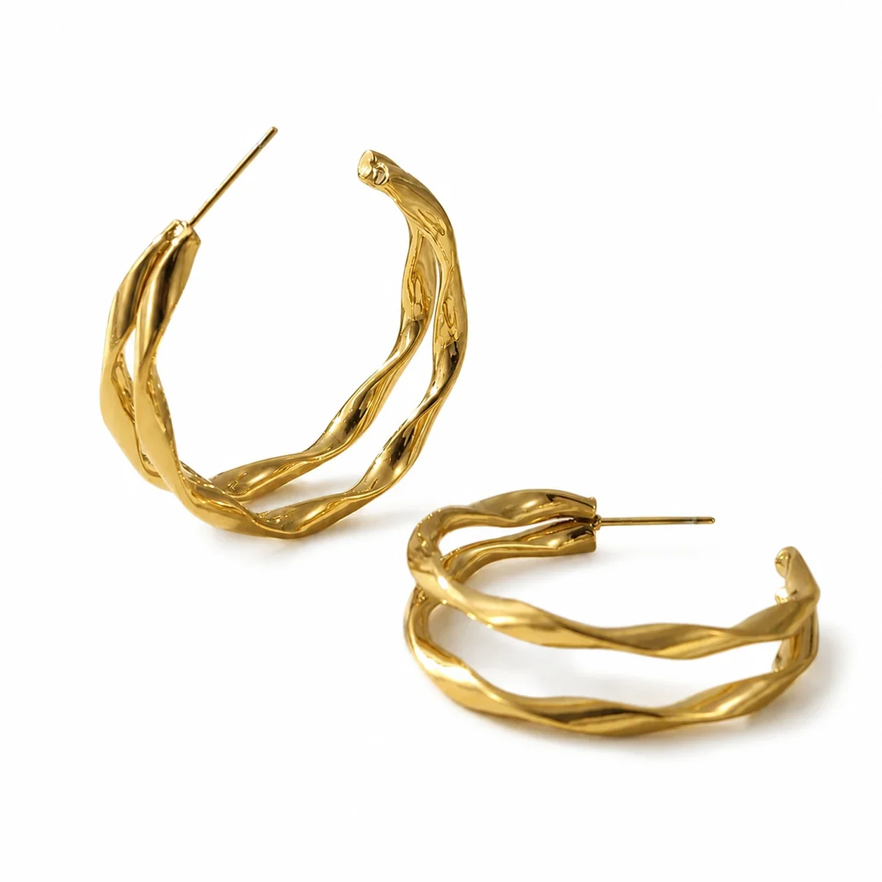 Sculptural Gold-Plated Twisted Double Hoop Earrings
