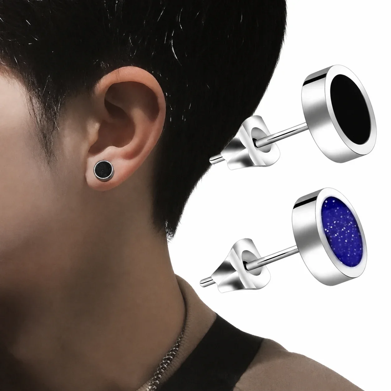 Polished Stainless Steel Round Bezel Inlay Stud Earrings