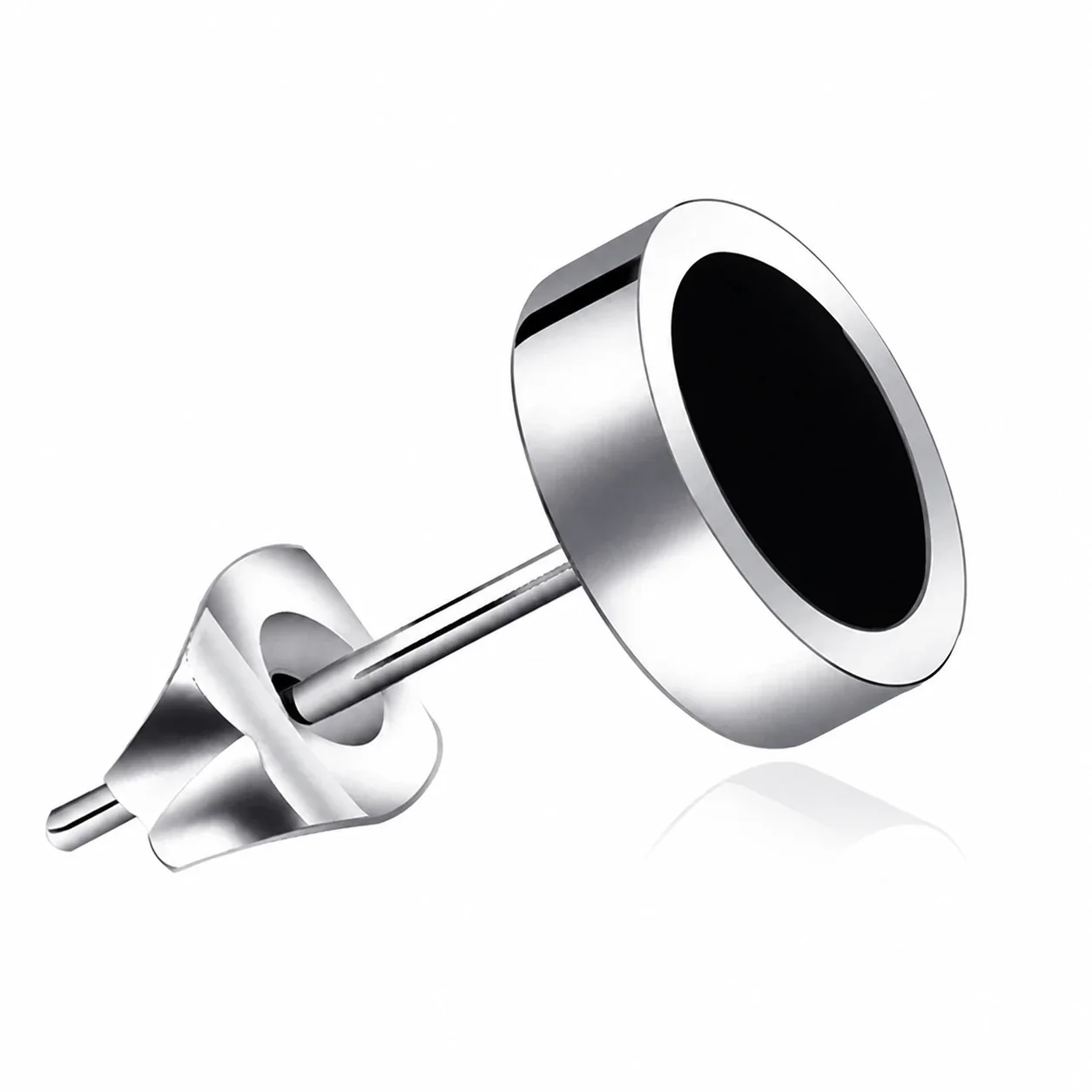 Polished Stainless Steel Round Bezel Inlay Stud Earrings - Black Enamel