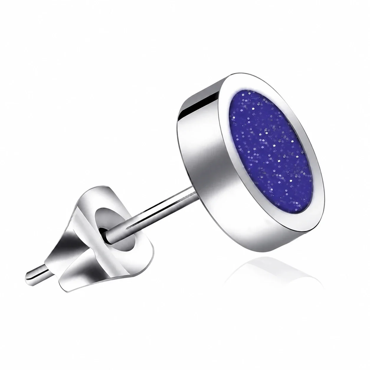 Polished Stainless Steel Round Bezel Inlay Stud Earrings - Blue Glitter