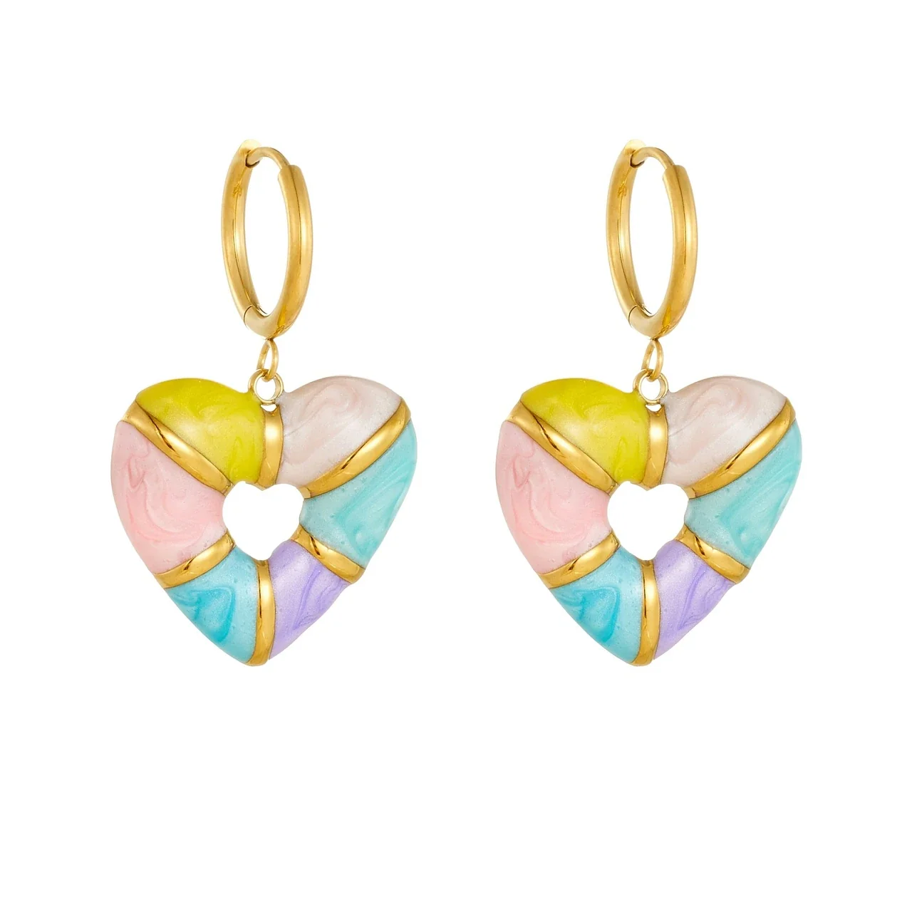 Jewelry Set Marbled Heart Cutout Hoop Earrings Gold-Plated