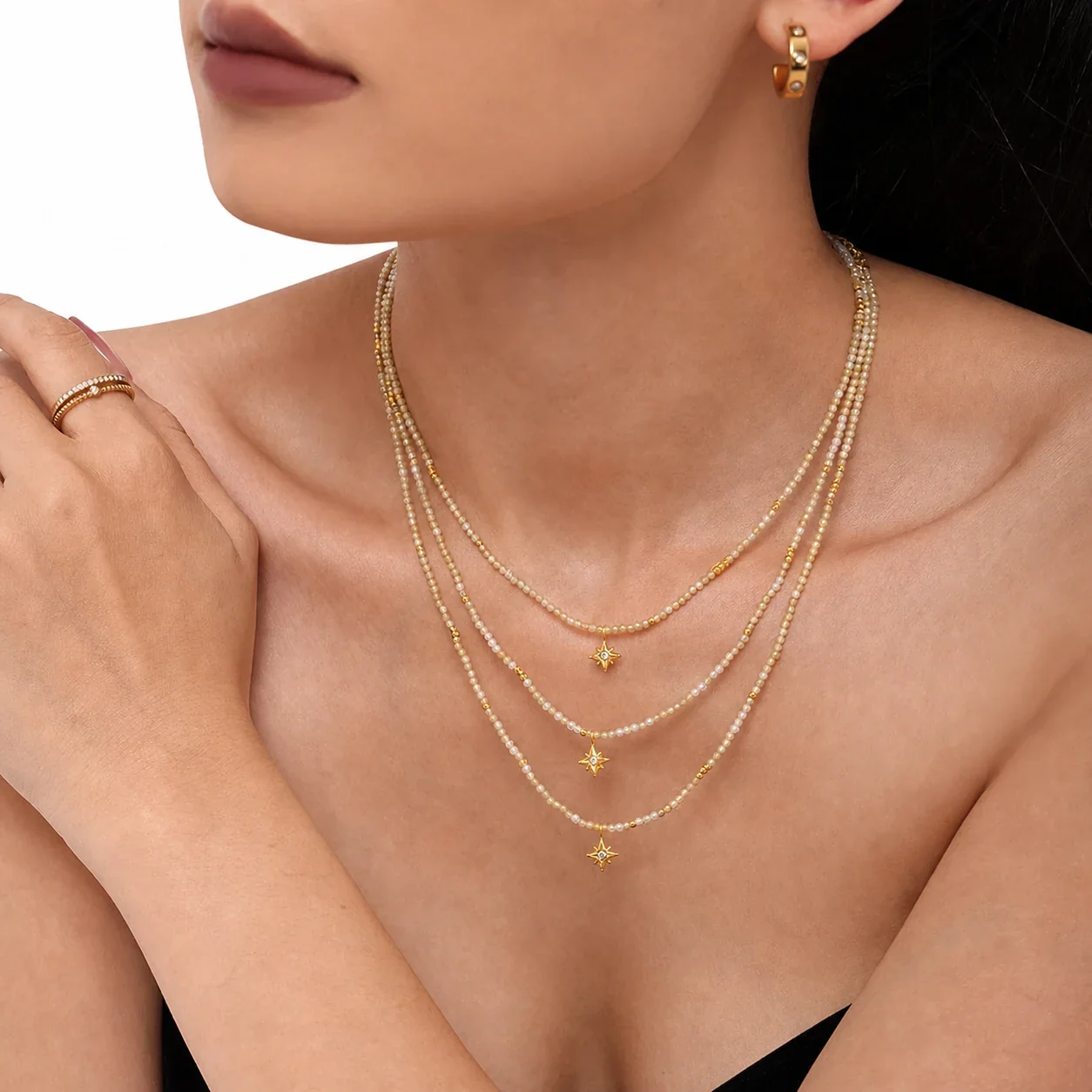 Celestial Gold-Plated Stainless Steel Bead Star Pendant Necklace