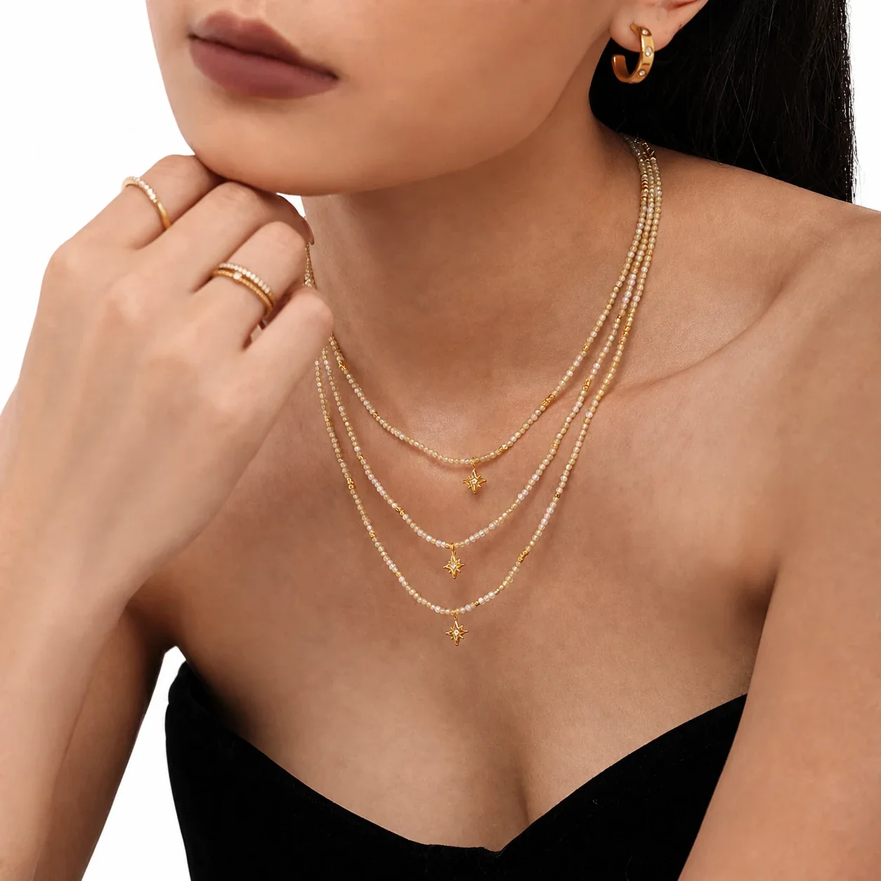 Celestial Gold-Plated Stainless Steel Bead Star Pendant Necklace