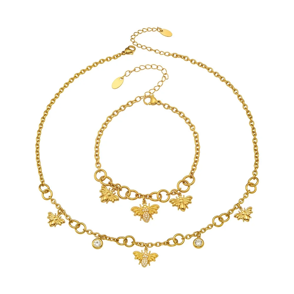 Bee Charm 18K Gold PVD 316 Stainless Steel Chain Necklace Bracelet Set