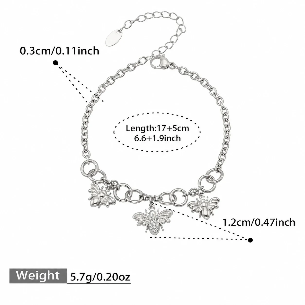 Bee Charm 18K Gold PVD 316 Chain Necklace Bracelet Set - Silver 17+5 cm