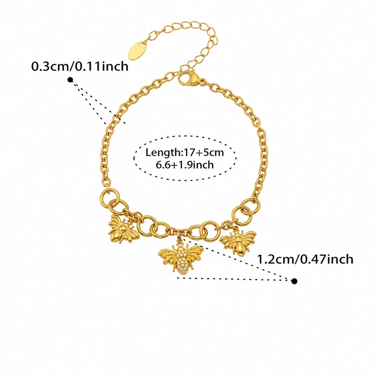 Bee Charm 18K Gold PVD 316 Chain Necklace Bracelet Set - Gold 17+5 cm