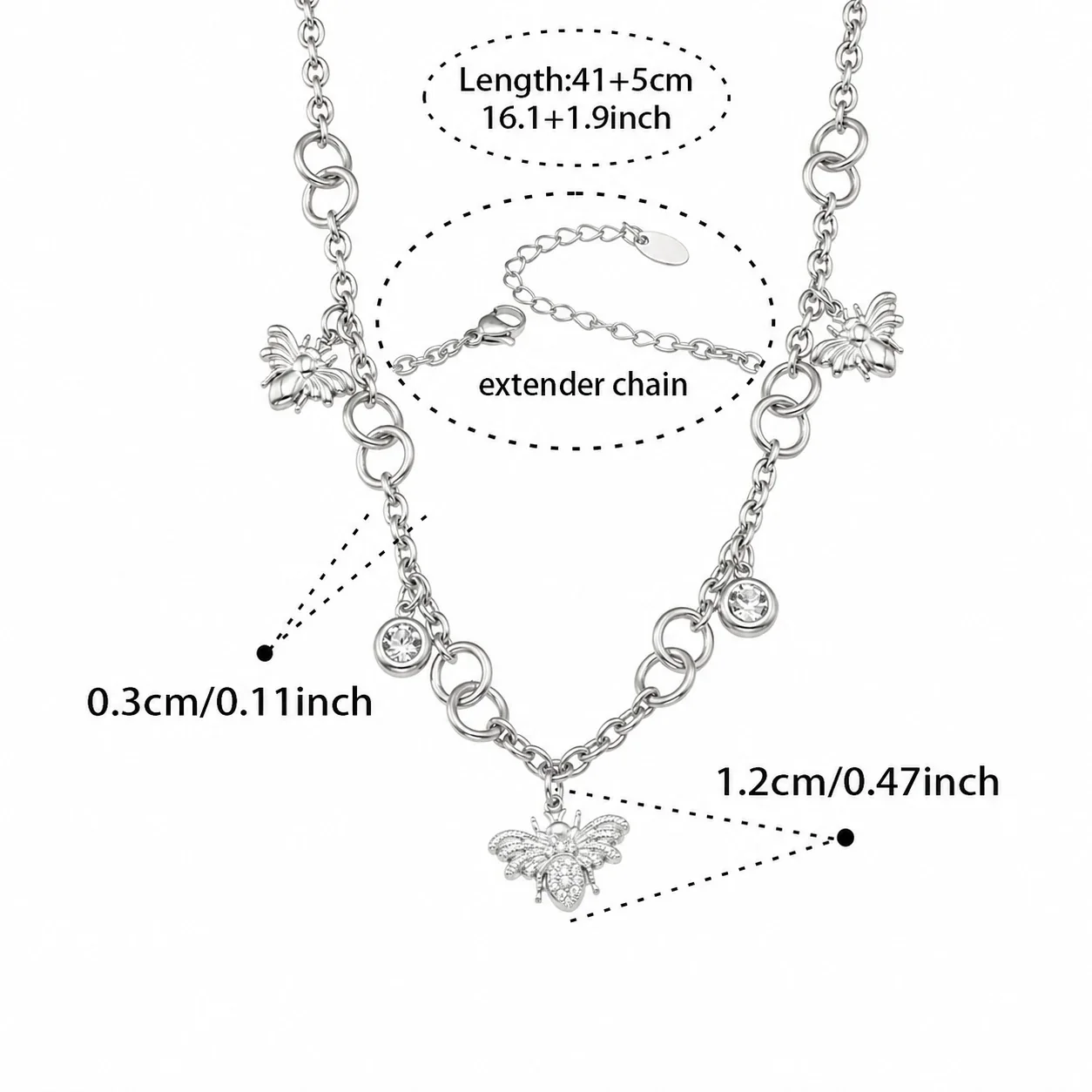 Bee Charm 18K Gold PVD 316 Chain Necklace Bracelet Set - Silver 41+5 cm
