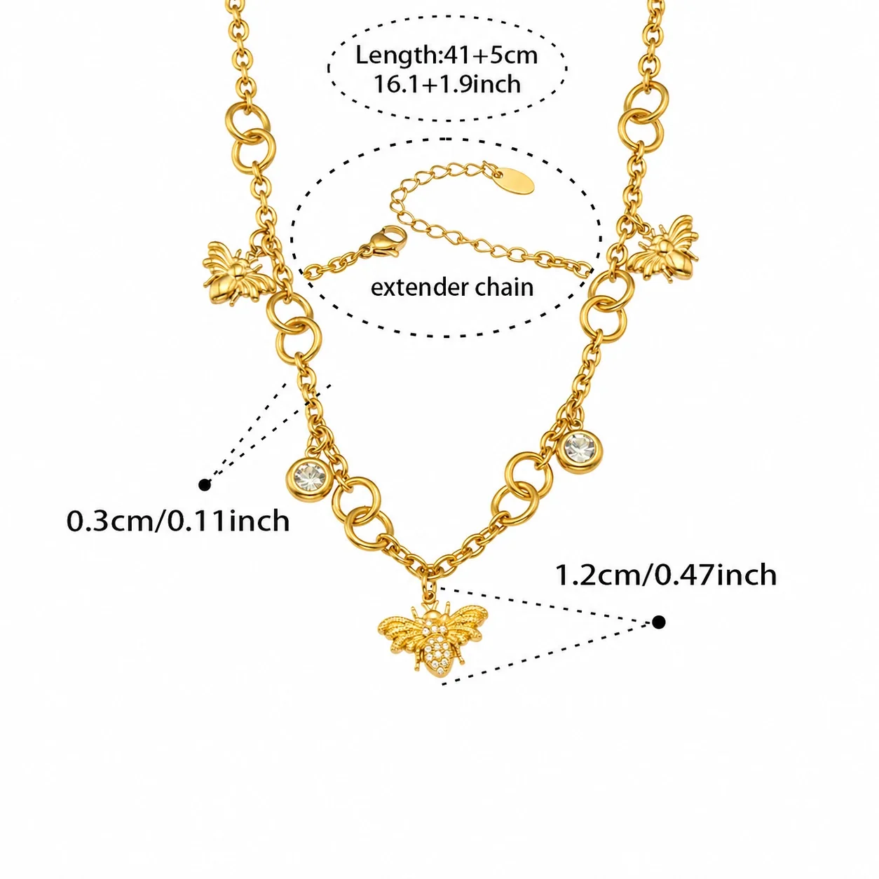 Bee Charm 18K Gold PVD 316 Chain Necklace Bracelet Set - Gold 41+5 cm