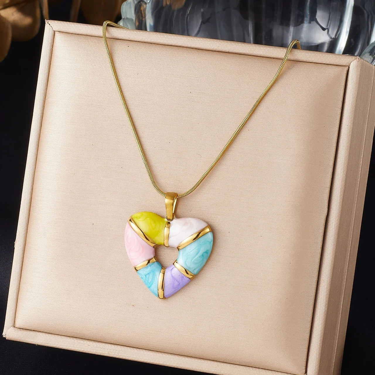 Heart Pendant Necklace with Pastel Enamel and Gold Plating