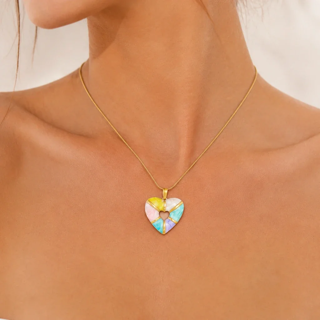 Heart Pendant Necklace with Pastel Enamel and Gold Plating