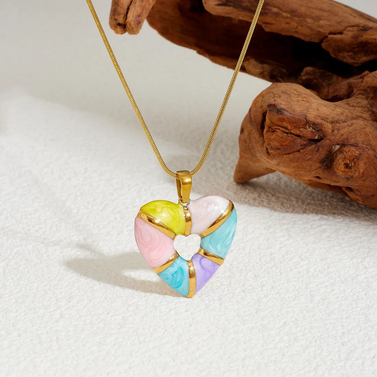 Heart Pendant Necklace with Pastel Enamel and Gold Plating