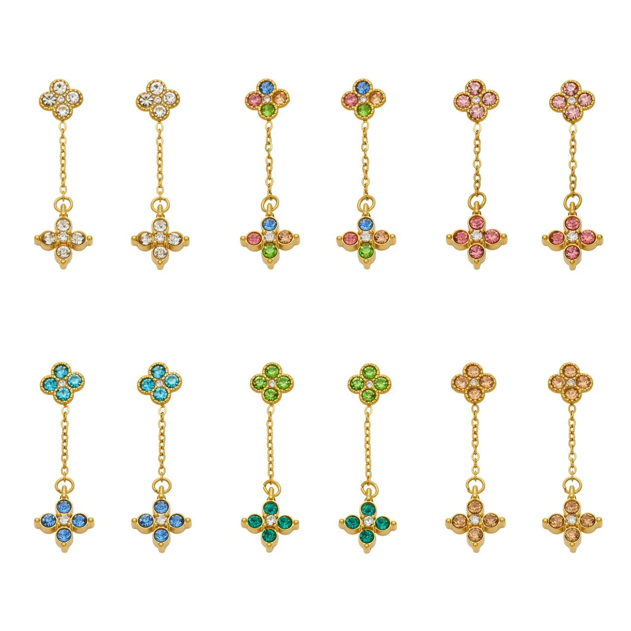 Clover Chain 316L Stainless Steel Round CZ Gold PVD Drop Earrings