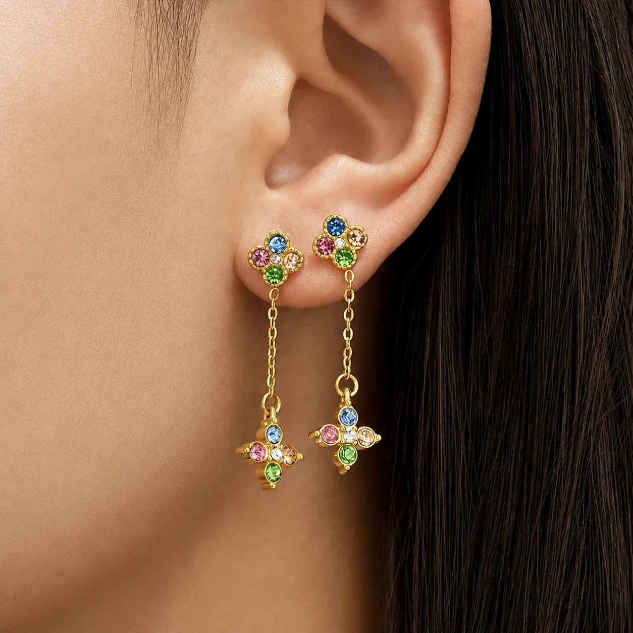 Clover Chain 316L Steel Round CZ Gold-Plated Drop Earrings
