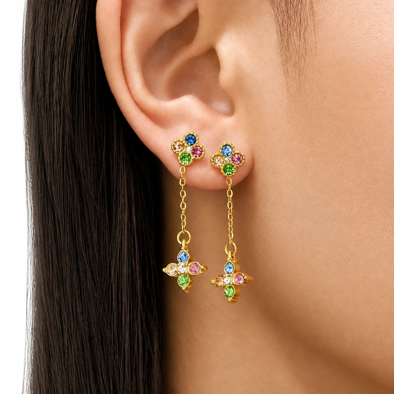 Clover Chain 316L Steel Round CZ Gold-Plated Drop Earrings