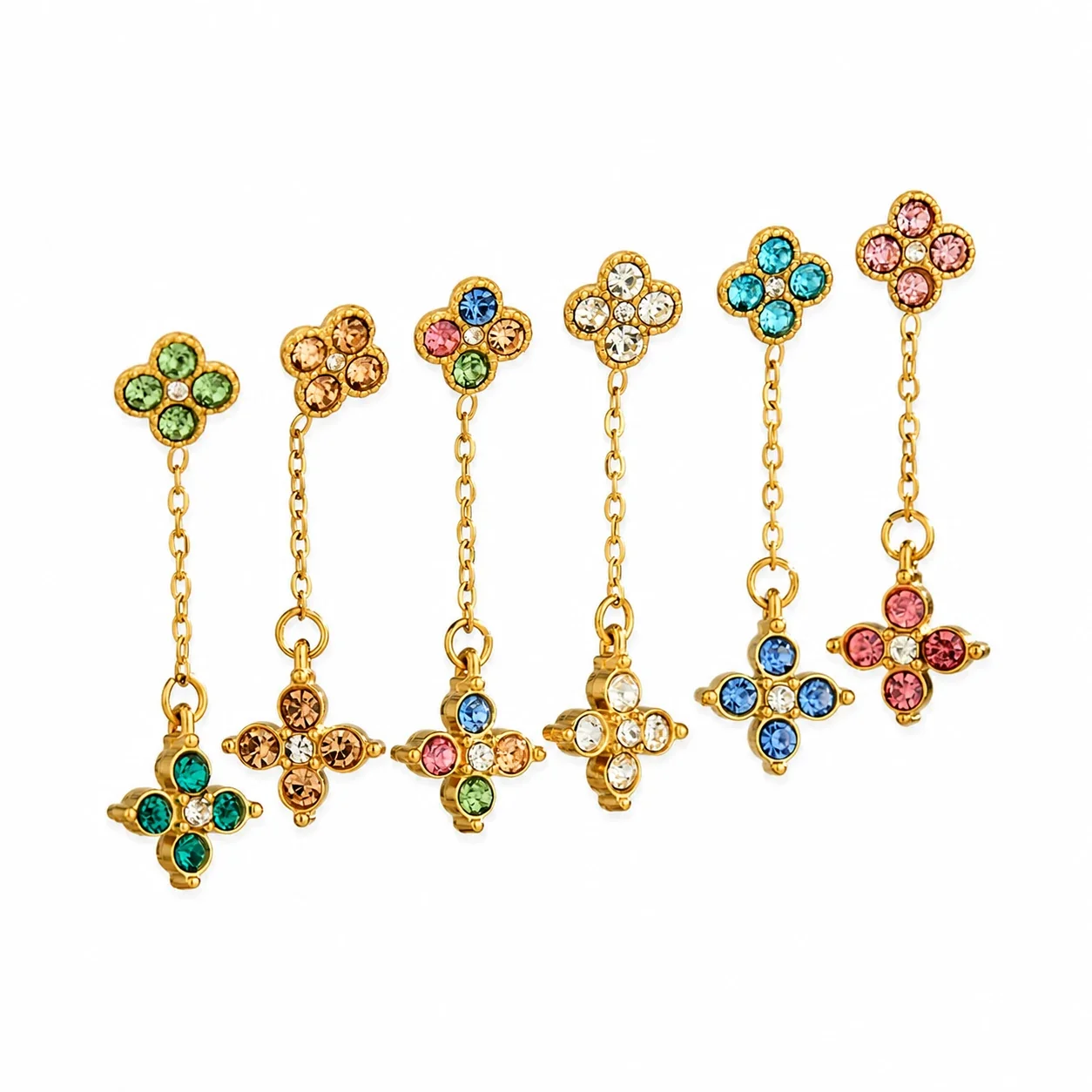 Clover Chain 316L Steel Round CZ Gold-Plated Drop Earrings