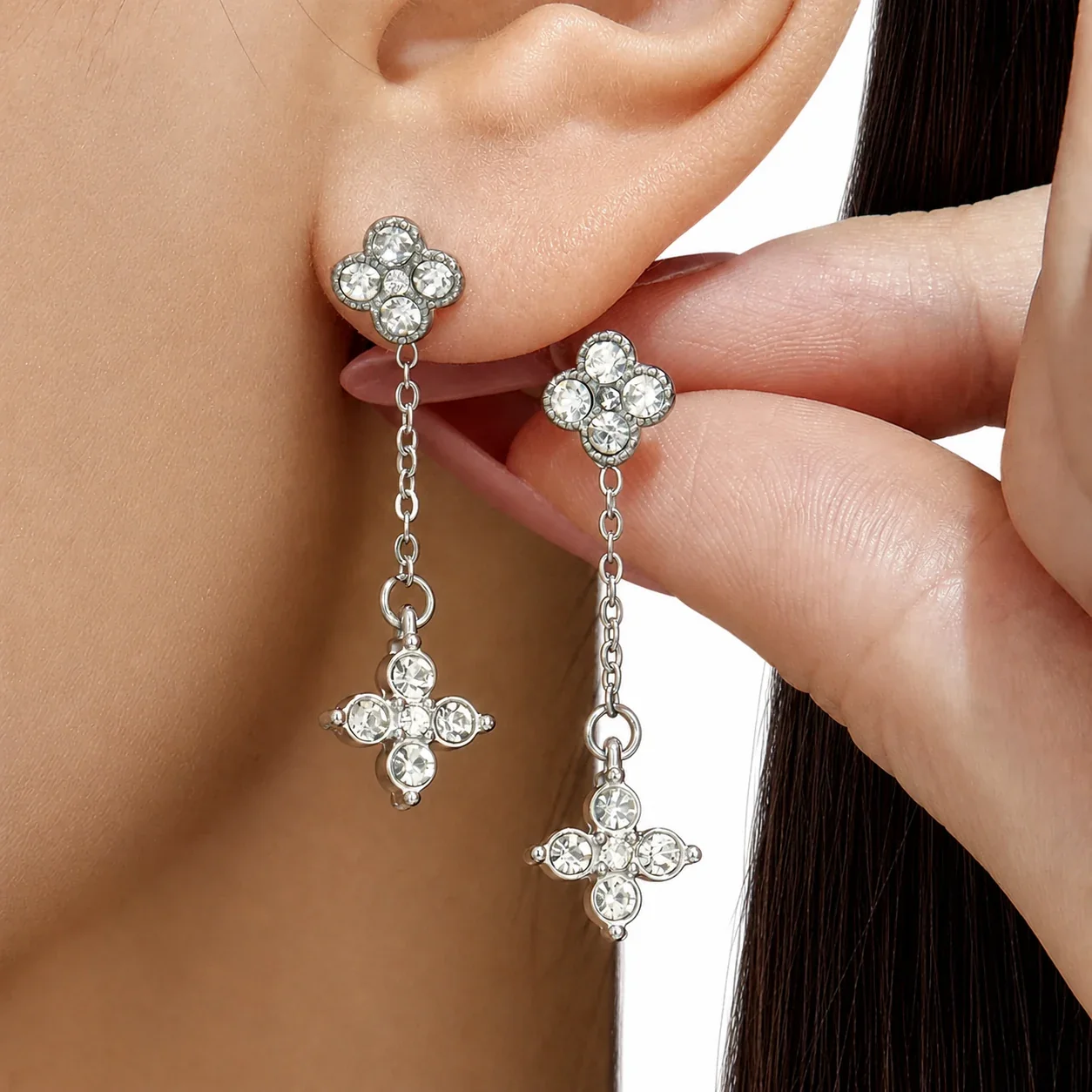 Clover Chain 316L Steel Round CZ Gold-Plated Drop Earrings