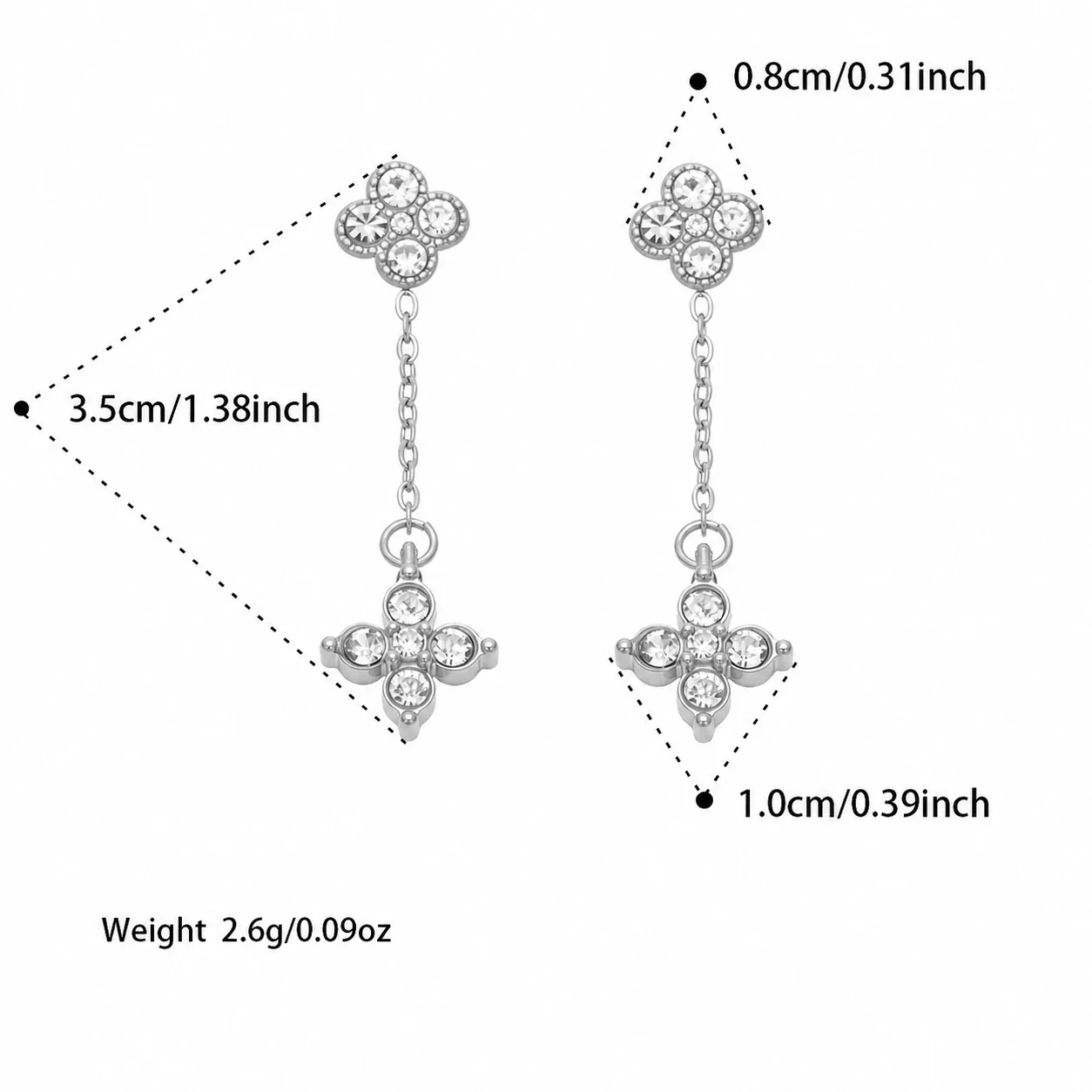 Clover Chain 316L Steel Round CZ Gold-Plated Drop Earrings - Silver Clear CZ