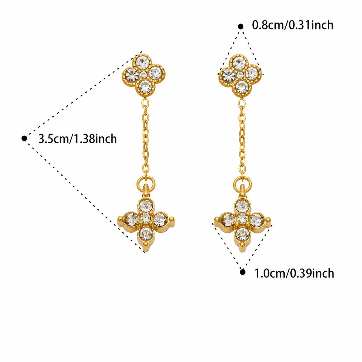 Clover Chain 316L Steel Round CZ Gold-Plated Drop Earrings - Gold Clear CZ