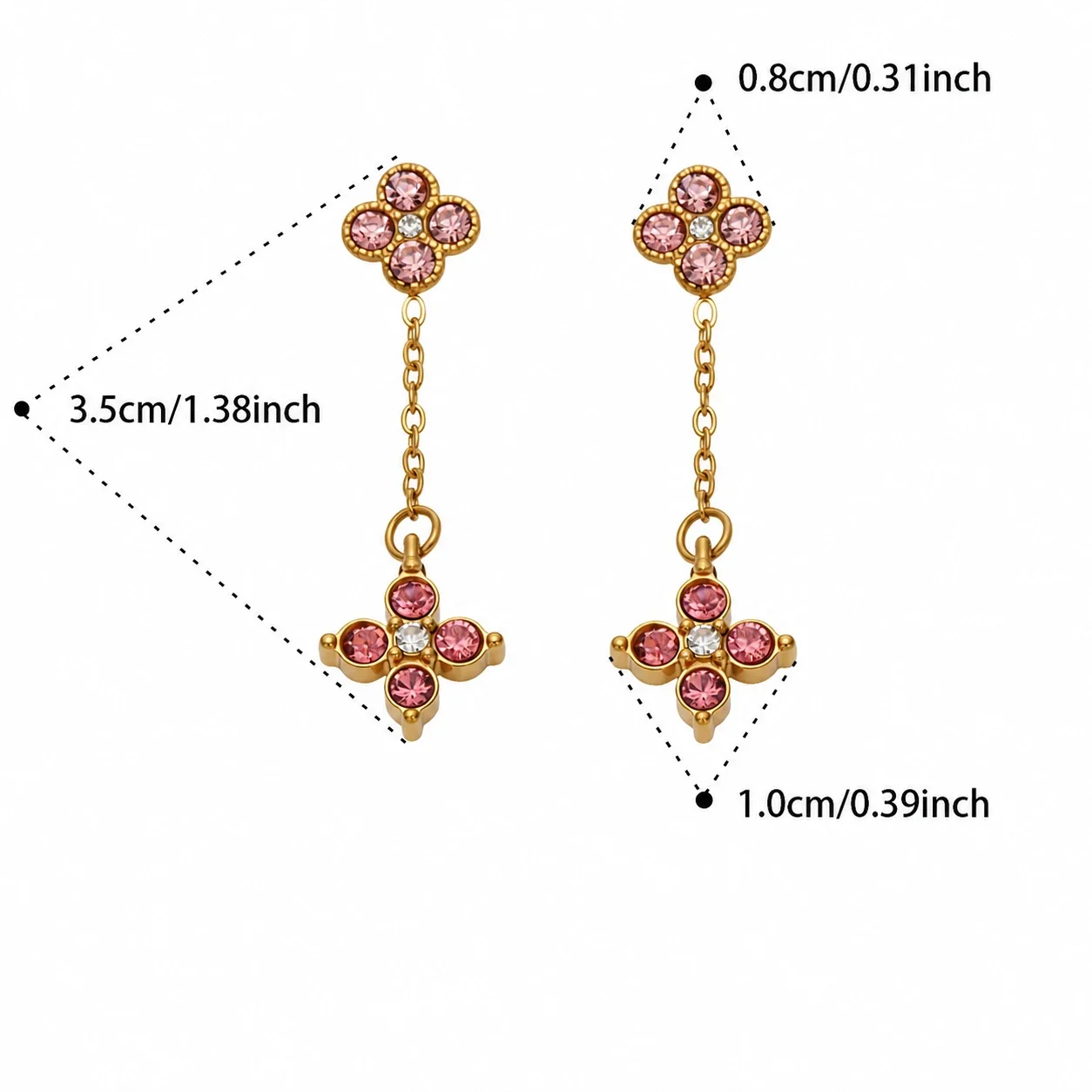 Clover Chain 316L Steel Round CZ Gold-Plated Drop Earrings - Gold Pink CZ