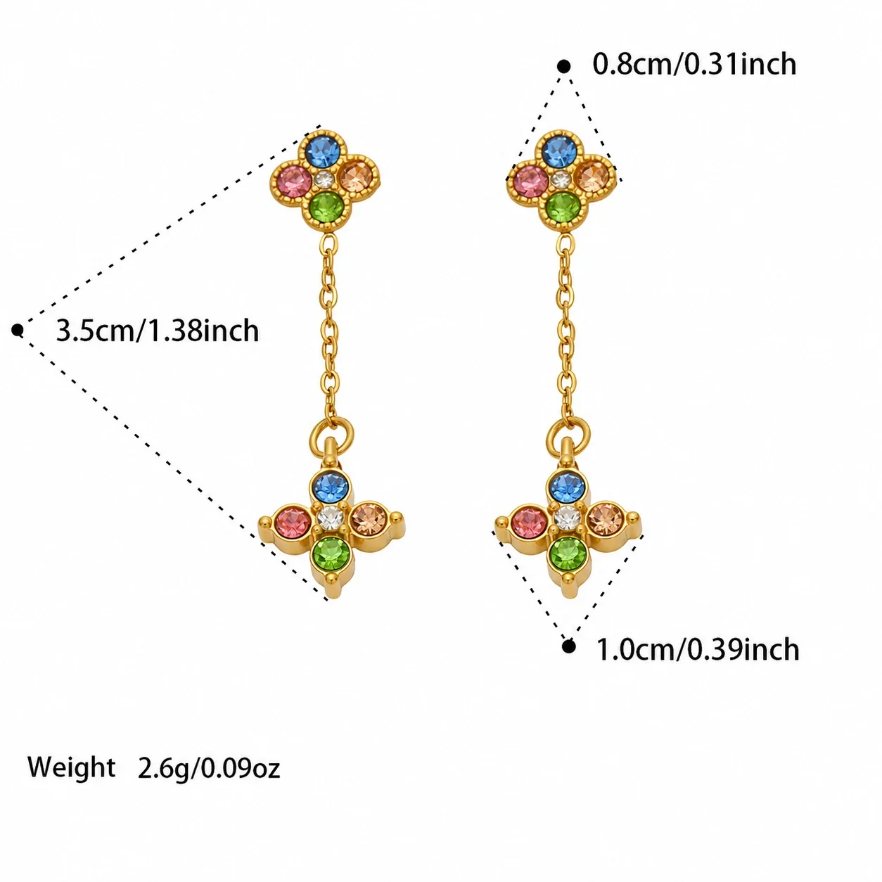 Clover Chain 316L Steel Round CZ Gold-Plated Drop Earrings - Gold Blue CZ