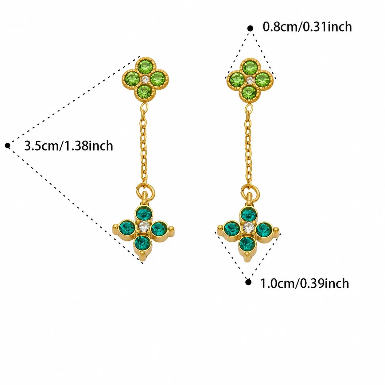 Clover Chain 316L Steel Round CZ Gold-Plated Drop Earrings - Gold Green CZ