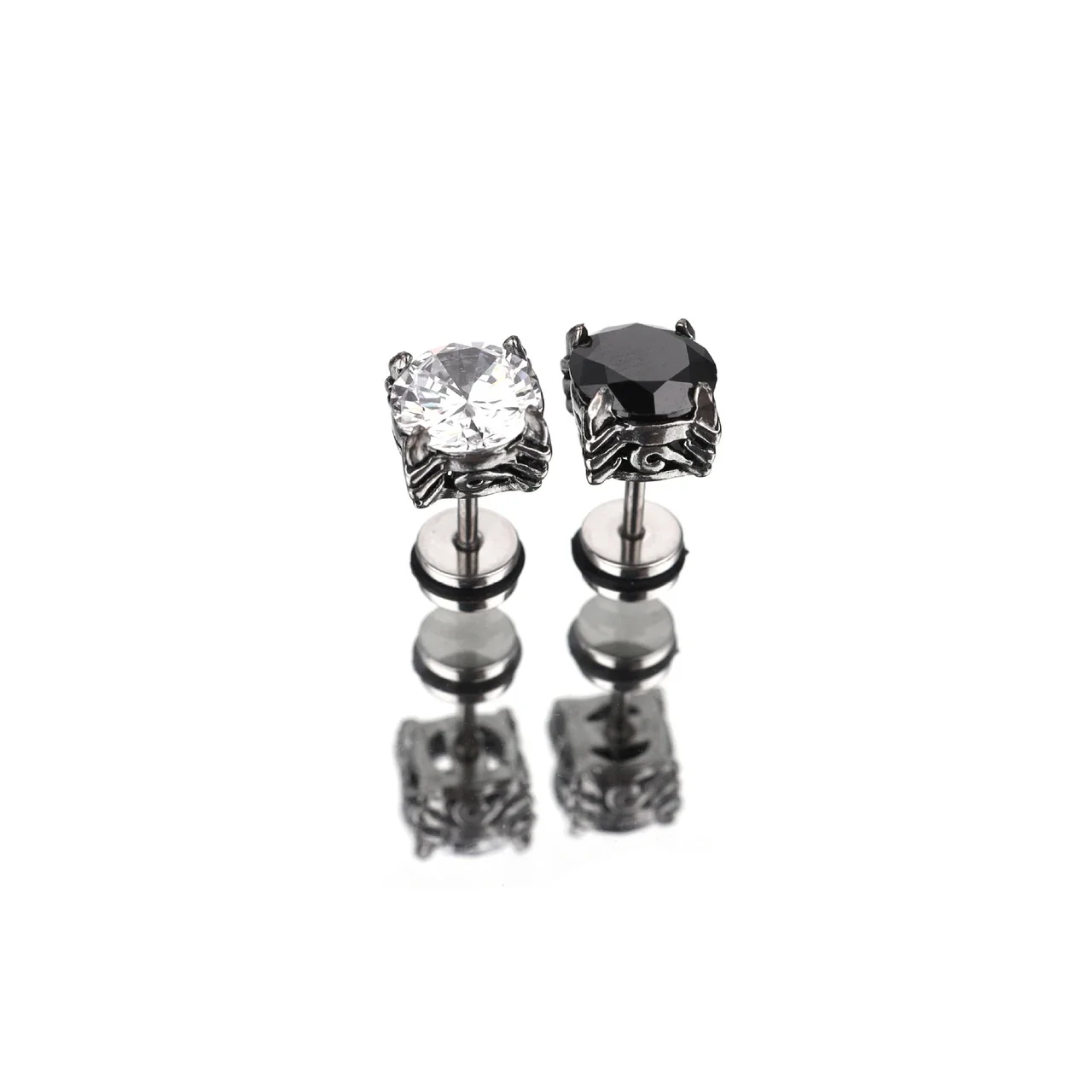 Gothic Silver-Plated Stainless Steel Round CZ Claw Stud Earrings