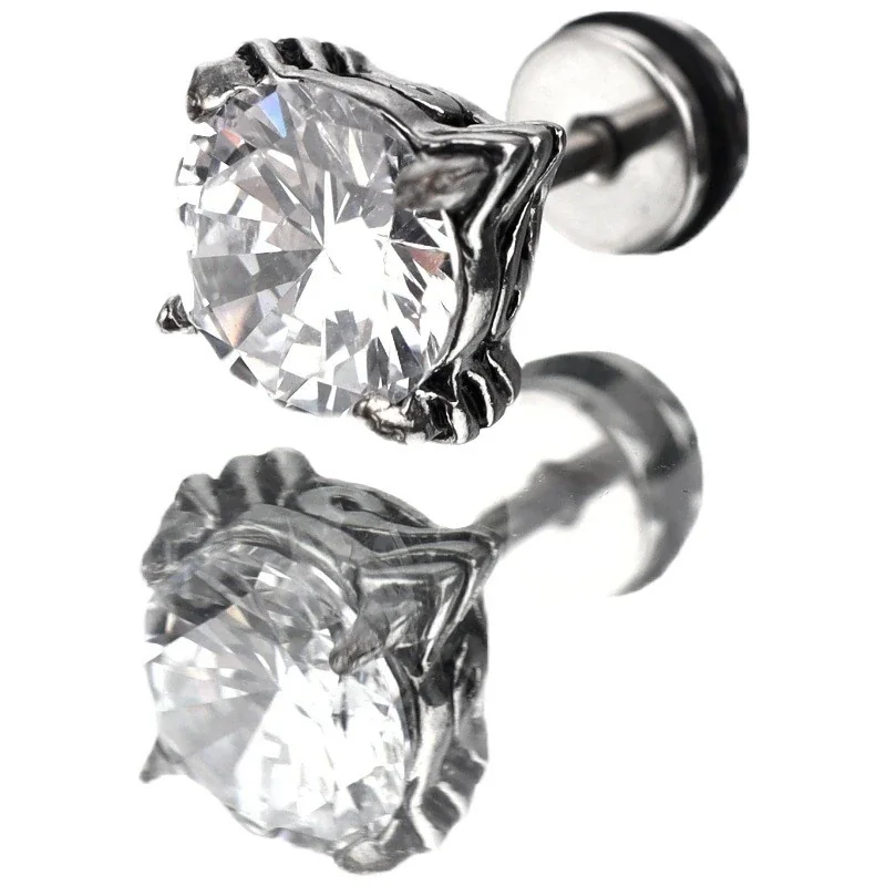 Gothic Silver-Plated Stainless Steel Round CZ Claw Stud Earrings